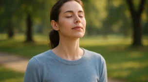 Mulher jovem de olhos fechados respirando fundo em um parque iluminado pelo sol, transmitindo calma, paz interior e sensação de tranquilidade.