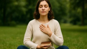 Mulher sentada em parque, olhos fechados, mão sobre o peito e Bíblia nas mãos, em momento de meditação espiritual para aliviar a ansiedade.