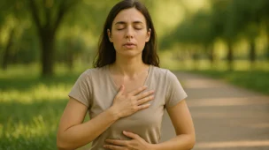 Mulher sentada em parque, olhos fechados, mãos sobre o peito e abdômen, praticando respiração profunda em ambiente tranquilo e natural.