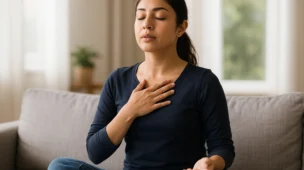 Pessoa sentada em posição relaxada respirando fundo em um ambiente tranquilo, com expressão serena, simbolizando calma durante uma crise de ansiedade.